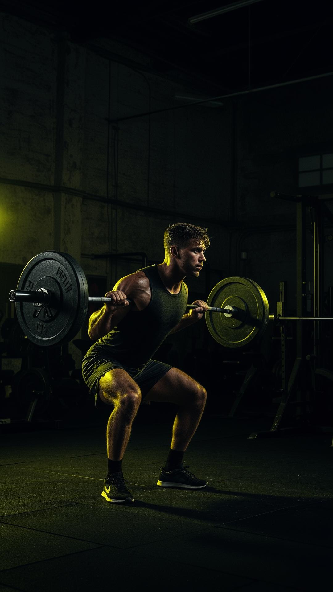 Athlete performing a heavy squat in a dark industrial gym